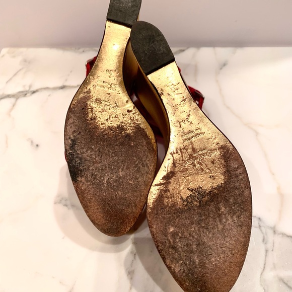 YVES SAINT ❌SOLD❌LAURENT TOM FORD 2003 CHERRY RED VELVET PLATFORM WEDGE GOLD - Picture 9 of 9